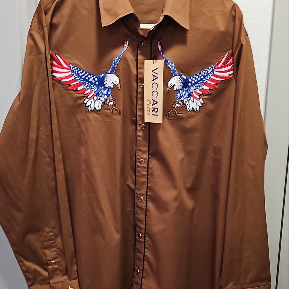Vaccari Men's Brown Solid Long Sleeve Button-Up Shirt Embroidered Eagles
